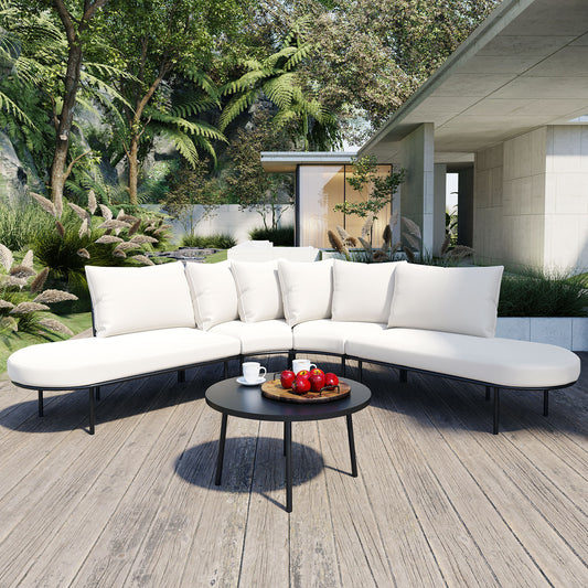 Solvara Curve 6-Piece Sofa Set – Beige Half-Moon Outdoor Seating with Coffee Table & Cushions