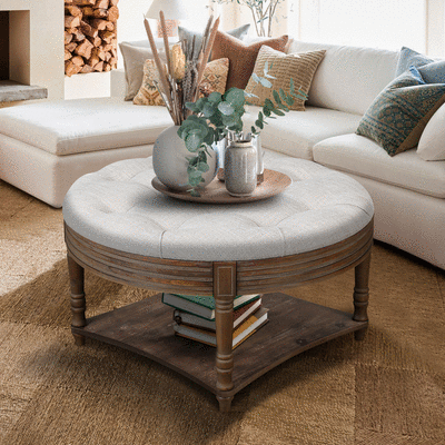 Tufvara Ottoman Table – Mistlinen Shell, Woodtier Storage Base