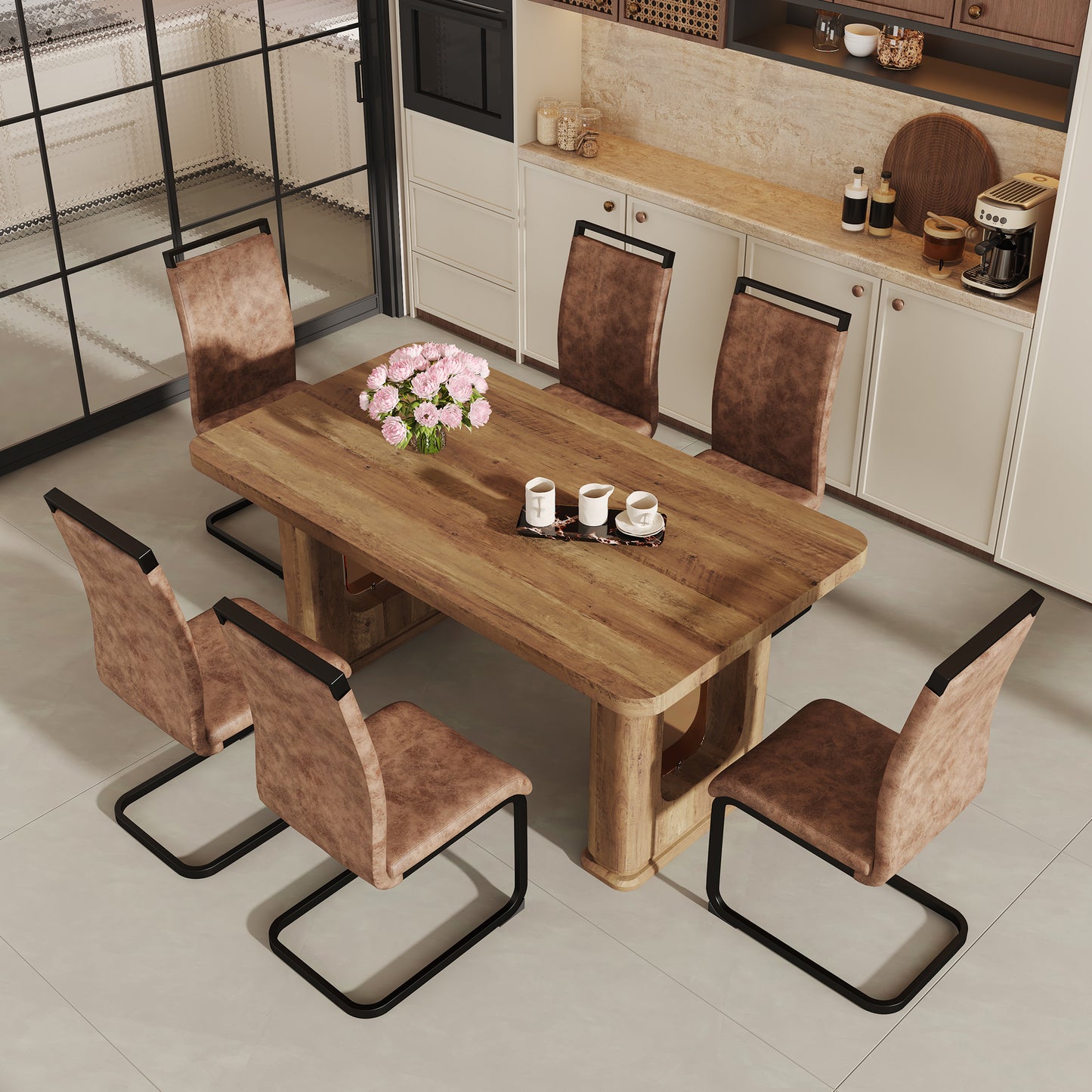 Veltra 7‑Piece Dining Set – Oak-Look Table with 6 Arched Brown Fabric Chairs