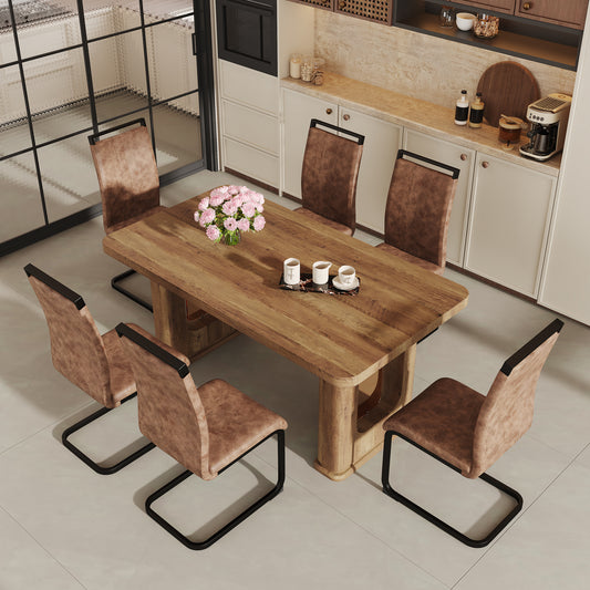 Veltra 7‑Piece Dining Set – Oak-Look Table with 6 Arched Brown Fabric Chairs