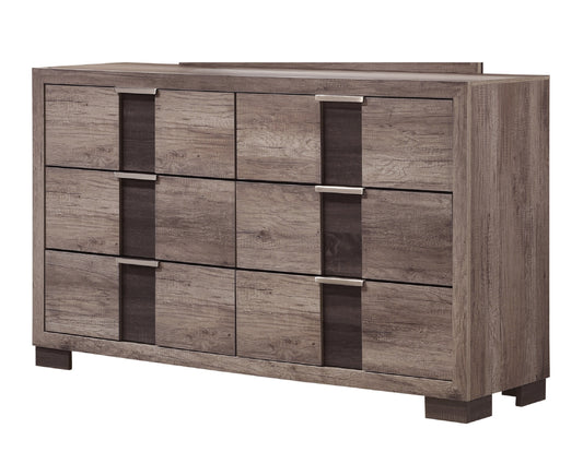 Veylan 6-Drawer Dresser – Brown Woodgrain Cabinet with Minimalist Metal Pulls