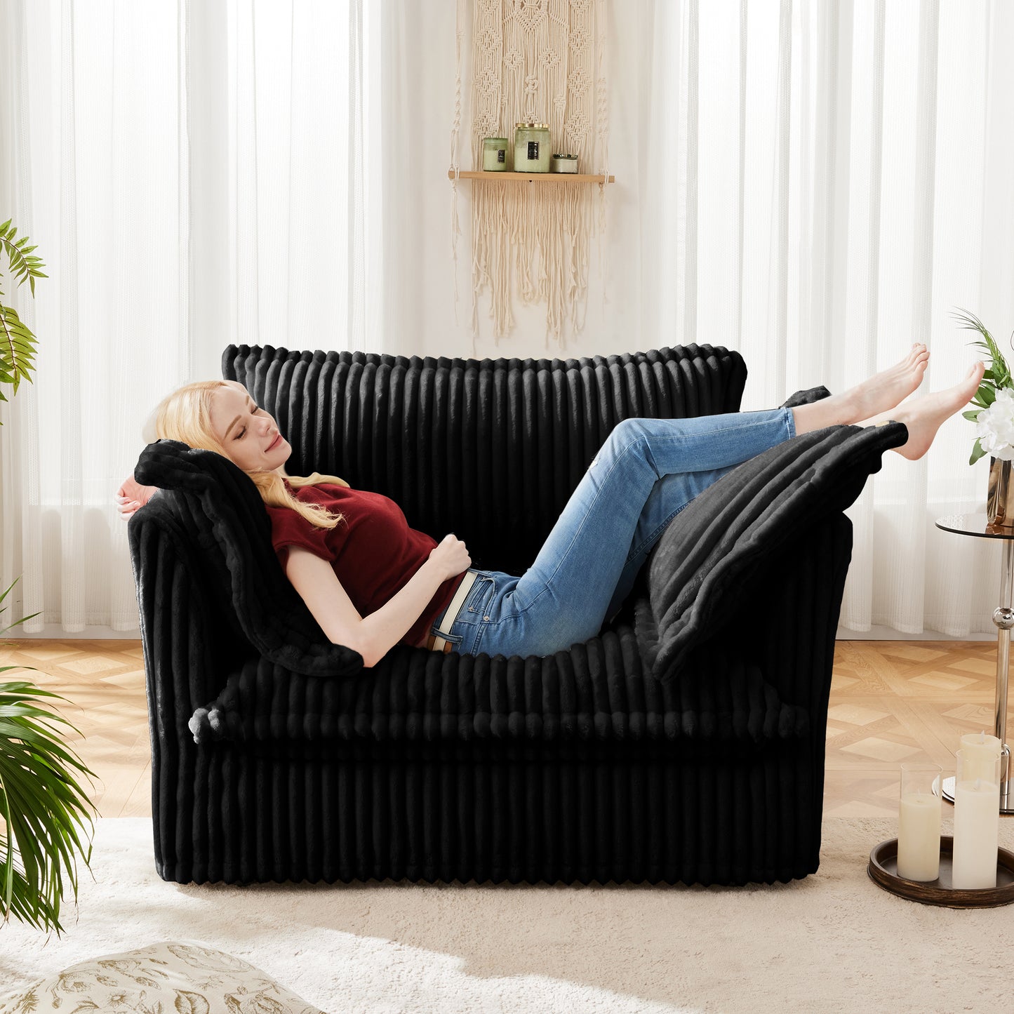 JUSTLIVE ‘Comfina Luxe” Armchair – Black Corduroy | Deep Single Seat + Plush Pillows + Slipcover Style