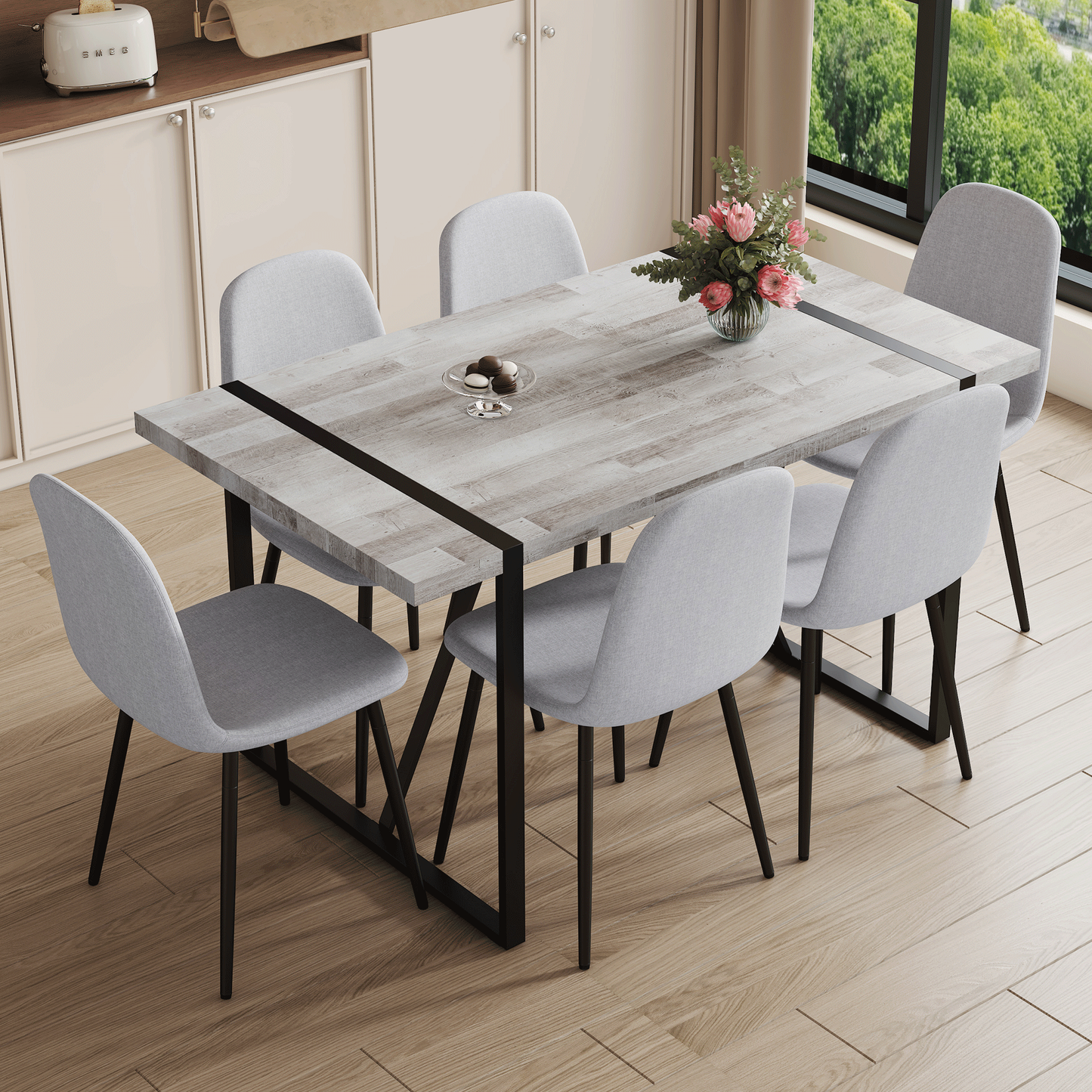Nomyn 63" Dining Collection – Textura Tabletop with 6 Cloudweave Linen Chairs