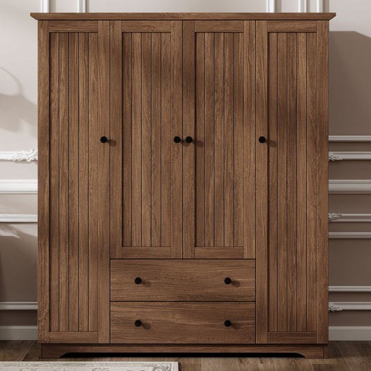 Veyra 4-Door Armoire – Brown Wardrobe Closet with 2 Drawers & Double Hanging Rails