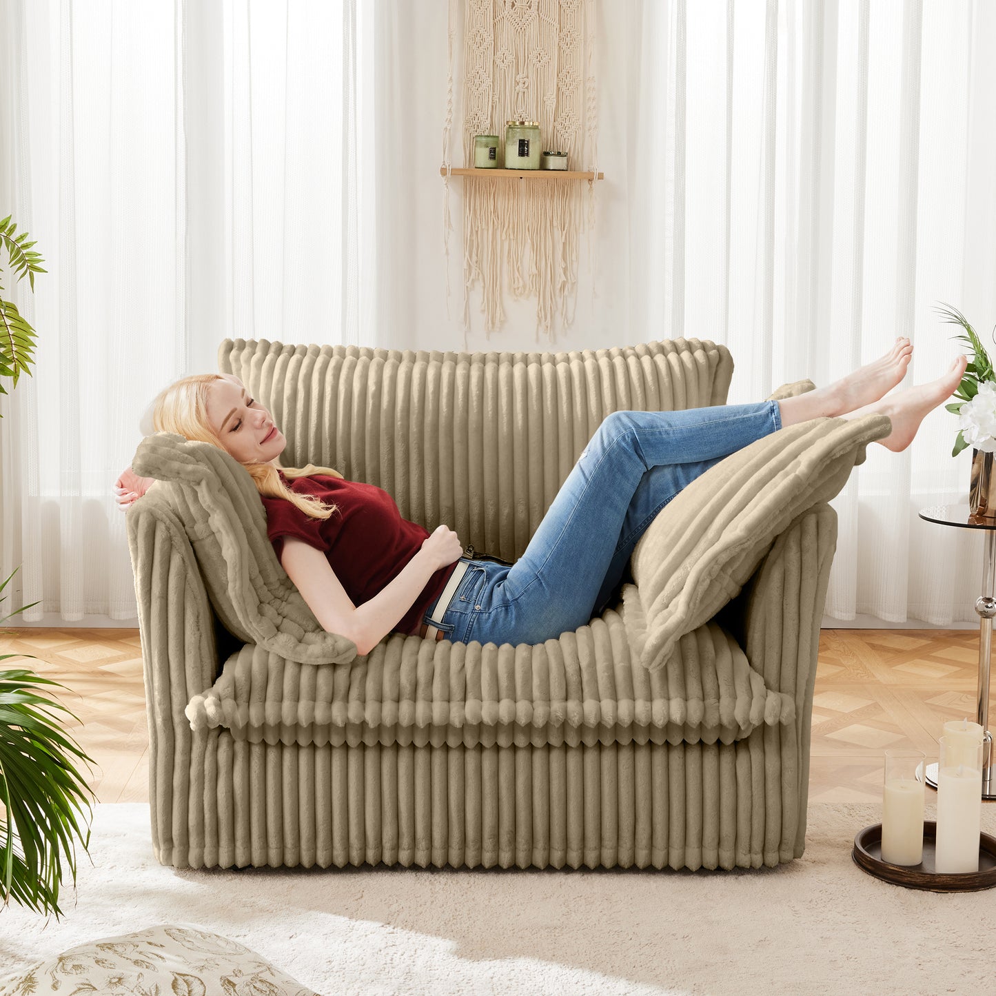 JUSTLIVE ‘Comfina Luxe” Armchair – Camel Corduroy | Deep Seat + Oversized Cushions + Relaxed Comfort