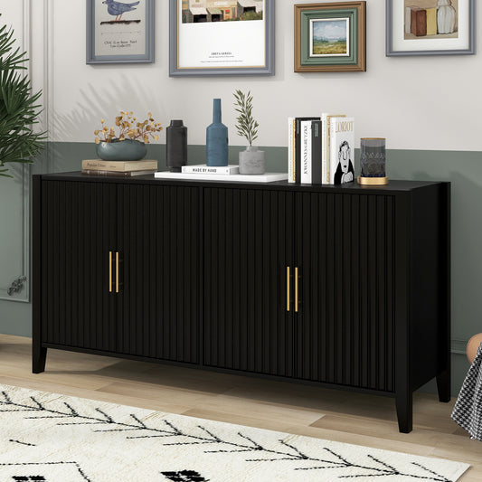 Wavelle Sideboard – 63'' Black Storage Cabinet with Vertical Slatted Doors and Wood Legs