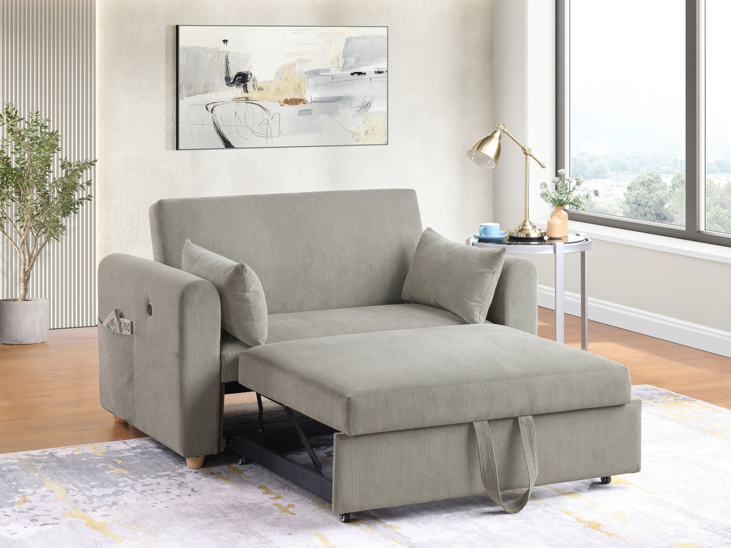 Marielle Cozy Lounge – Convertible Gray Corduroy Sleeper with USB & Magazine Pockets