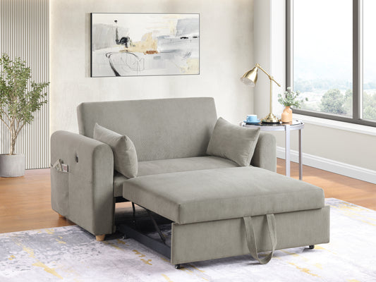 Marielle Cozy Lounge – Convertible Gray Corduroy Sleeper with USB & Magazine Pockets