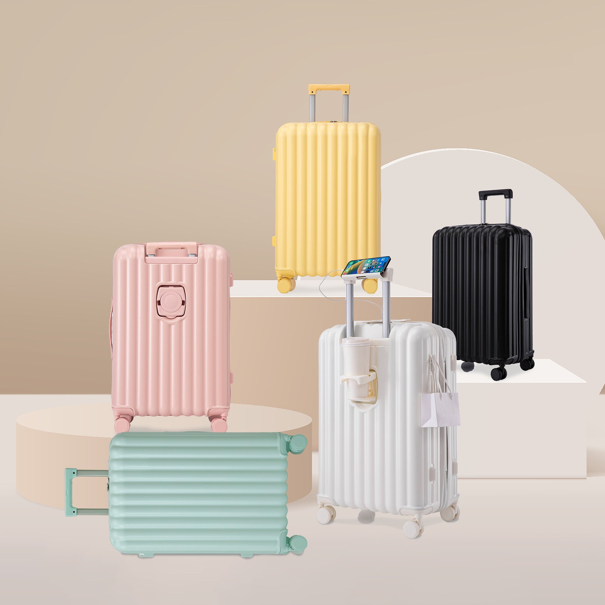 Jetera 3 - Piece Spinner Luggage Set – Pink ABS with USB Port, Cup & Phone Holder (20"/24"/28") - JUSTLIVE NESTJUSTLIVE NEST