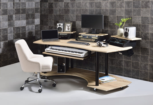 Eleazar Studio Desk – 83'' Natural Oak Recording Console with Tiered Layout