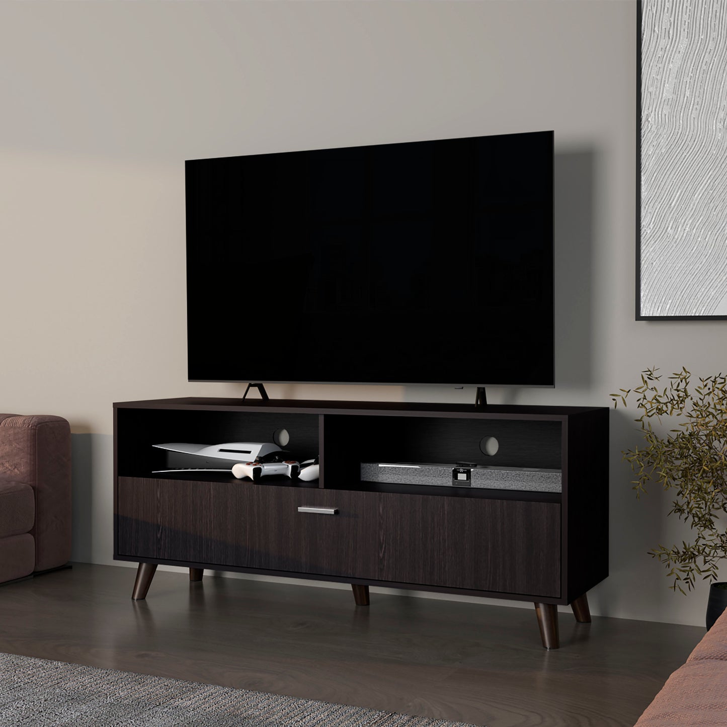 Citronix TV Stand – Black Wengue Finish with Door & Open Shelf (60")