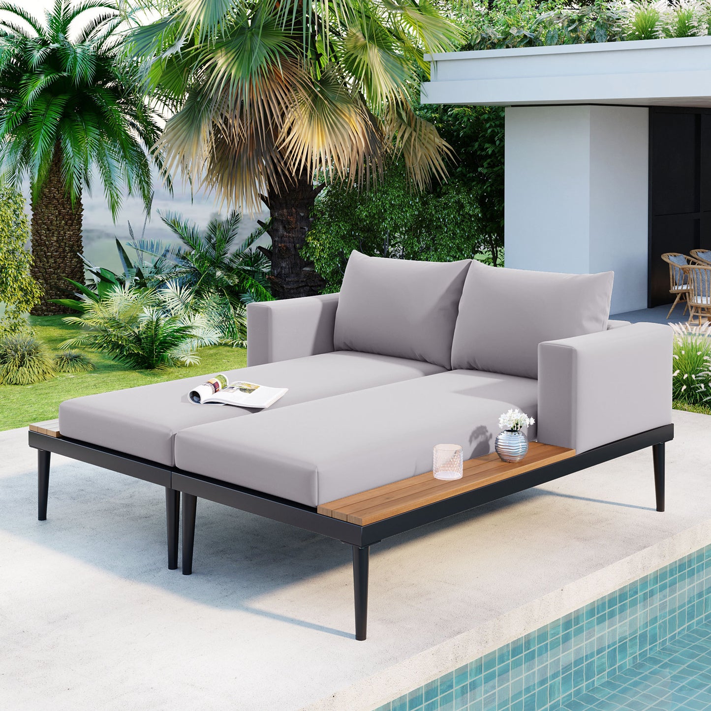 Vaxa Daybed – Modern Gray Patio Lounger with Wood Tray Sides