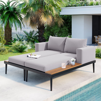 Vaxa Daybed – Modern Gray Patio Lounger with Wood Tray Sides