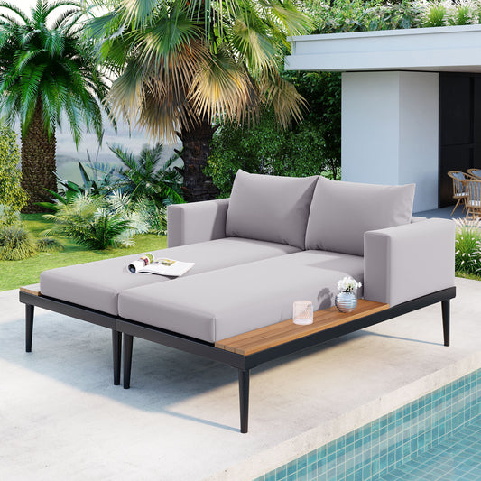 Vaxa Daybed – Modern Gray Patio Lounger with Wood Tray Sides