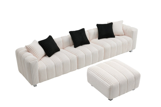 NestEdge ‘CordiNest” 3-Seat Lounge + Ottoman – Cozy Corduroy, Warm Wood Frame