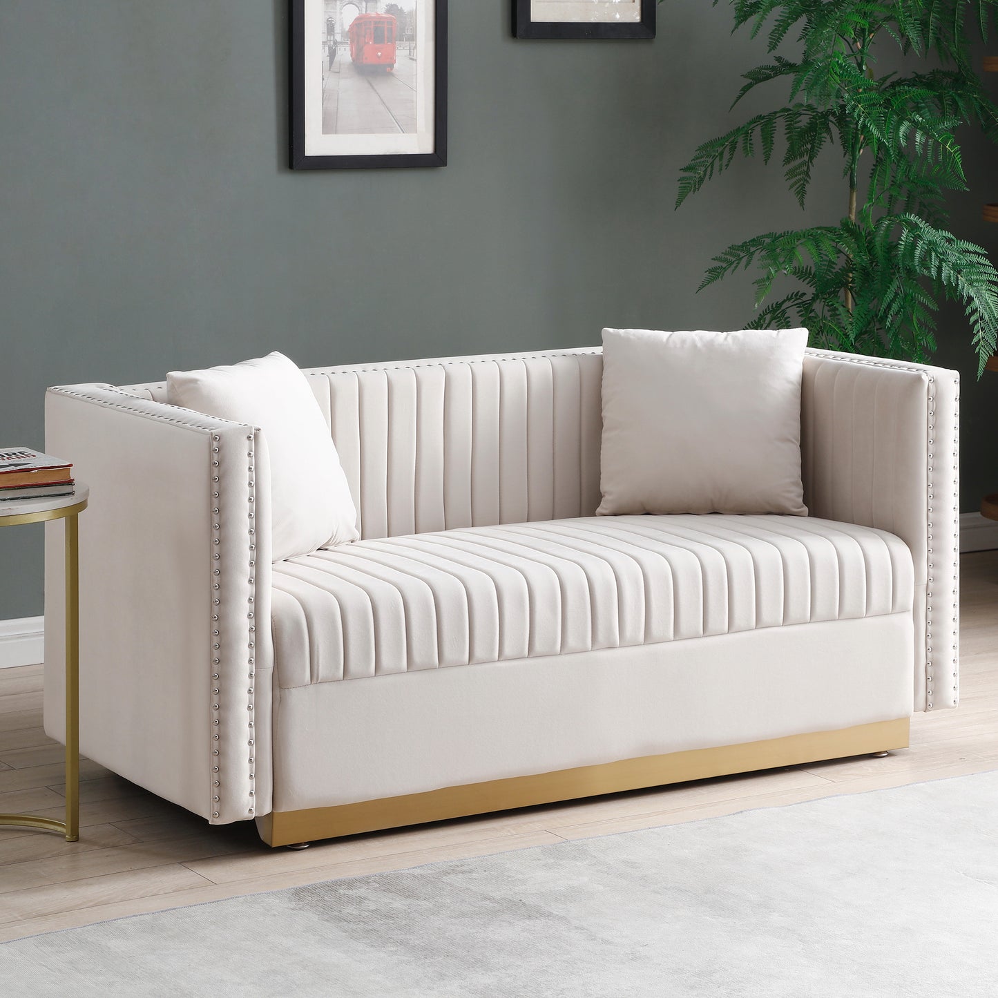 Vellaro™ Beige Velvet Loveseat – Channel Tufted 2-Seater with Pillows for Contemporary Living Areas