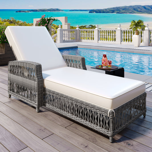 Zelro Wicker Recliner – Adjustable Lounge with Armrests & Removable Cushions, Beige Finish