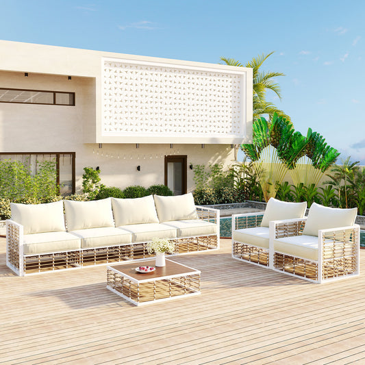 TOPMAX 7-Piece White Sectional – Minimalist Metal Patio Sofa Set with Cushions & Coffee Table