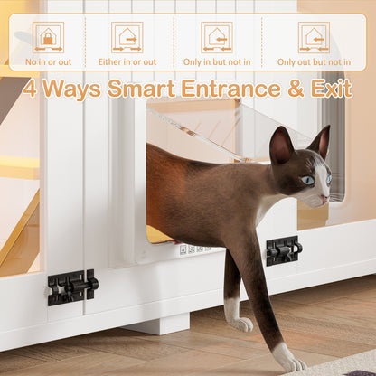 Nuvio 47" Smart Litter Cabinet – White Cat Enclosure with LED Light, Stair Entry, Scratch Panel & Side Table Design - JUSTLIVE NESTJUSTLIVE NEST