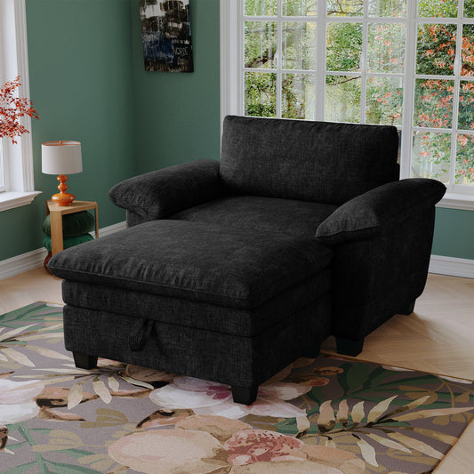NestEdge ‘CozyLounge” 51” Oversized Chaise – Black Chenille | Ottoman + Hidden Storage