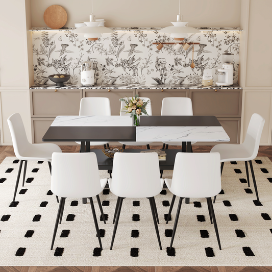 Duowood 9‑Seat Dining Set – Two-Tone Storage Table with 8 White Curved Chairs
