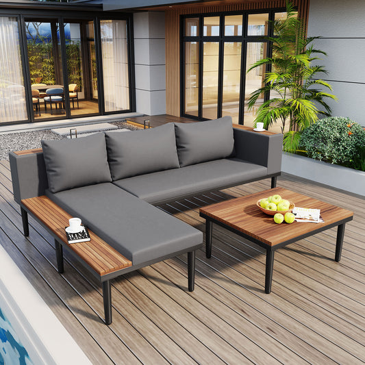 Briza Set – L-Shaped Gray Acacia Sofa with Side Table and Coffee Table