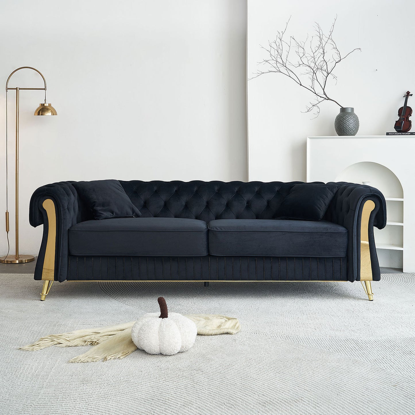 NestEdge ‘ChesterNest” 89” Sofa – Black Tufted Velvet | 2 Cushions + 2 Toss Pillows