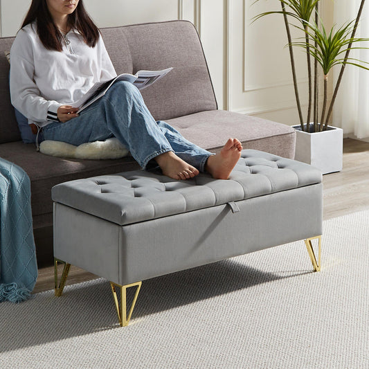 Enda Bench – Light Gray Velvet Storage Seat with Gold Legs
