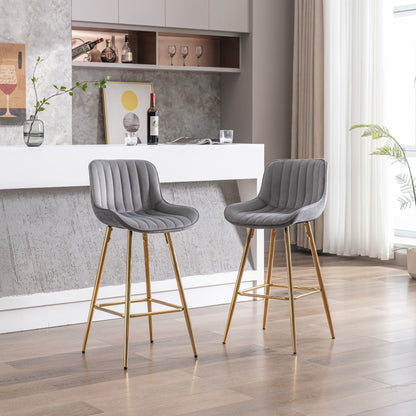 Velora Bar Stools (Set of 2) – Gray Velvet with Gold Legs & Chrome Footrest