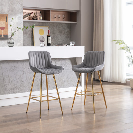 Velora Bar Stools (Set of 2) – Gray Velvet with Gold Legs & Chrome Footrest