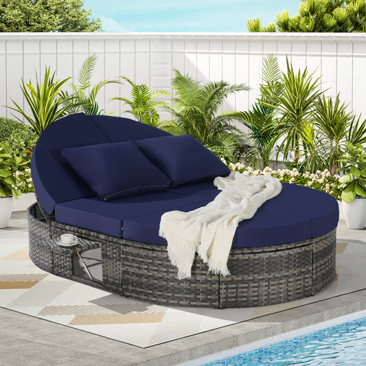 Solvara Round Wicker Daybed – Reclining Patio Sunbed with Adjustable Backrests & Foldable Cup Trays