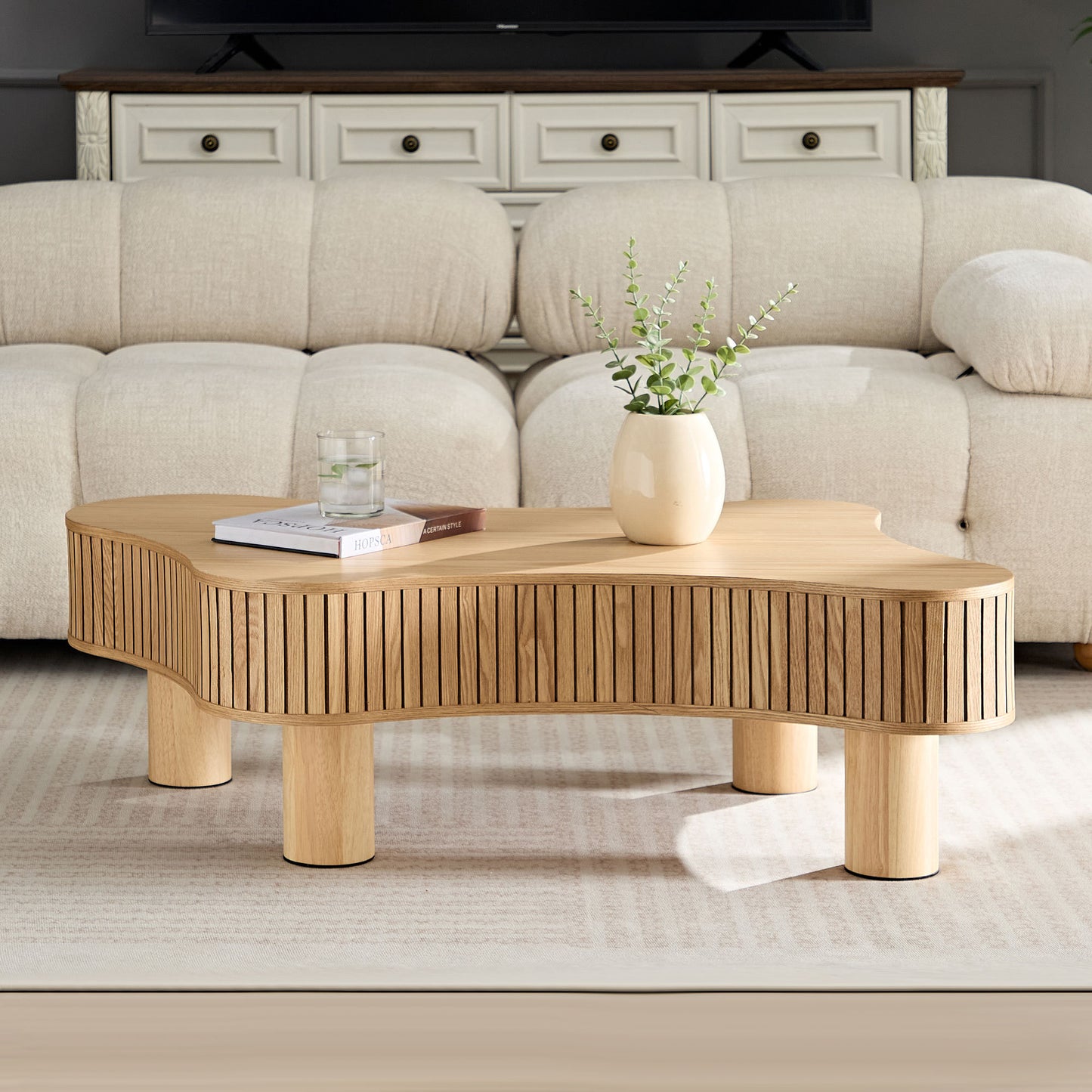 Klyra Drum Table – 42.5" Irregular Handcrafted Woodform with Sturdy Pedestal in Natural Finish