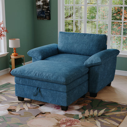 NestEdge ‘CozyLounge” 51” Oversized Chaise – Ocean Blue Chenille | Ottoman + Hidden Storage