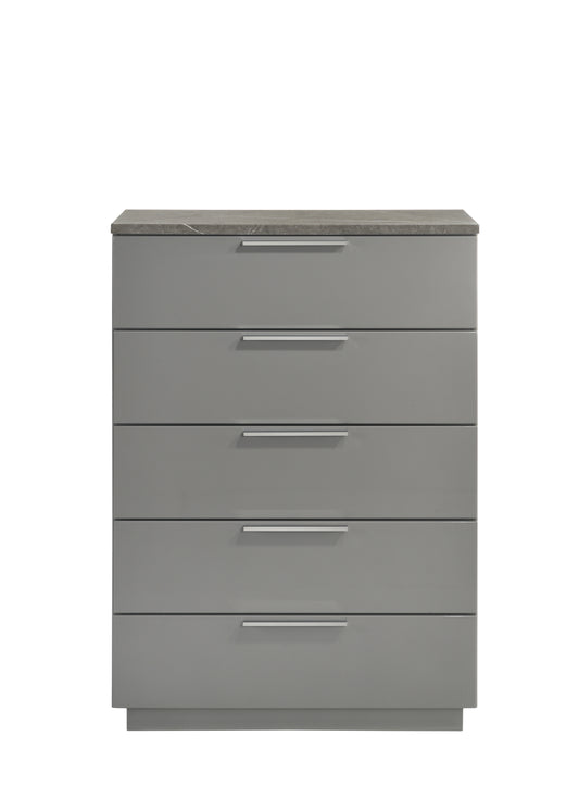 Elara Mist Chest – High-Gloss Marble & Lacquer Chest with Metal Legs – Gray Finish