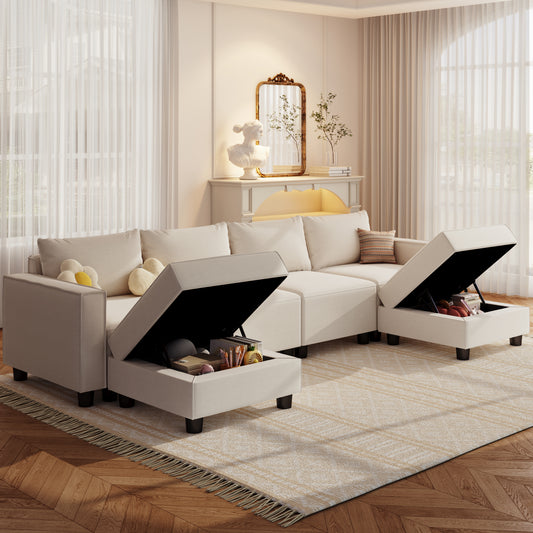 6-Seat Comfort Ensemble – White Fabric Lounge with Cozy Chair & Hidden Storage