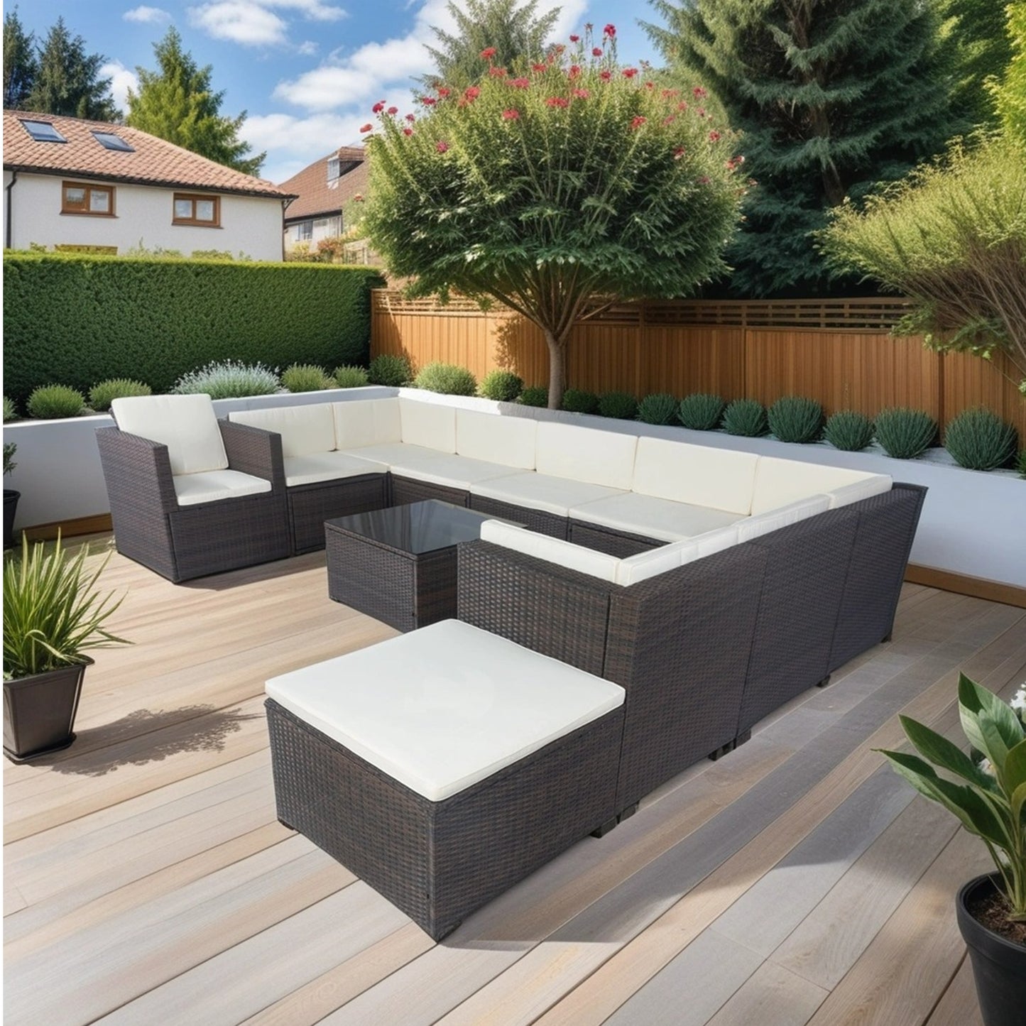 Solvara 11-Piece Wicker Sectional – 10-Seater Brown Rattan Sofa Set with White Cushions & 3 Hidden Storage Boxes