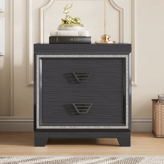 Glistra Noir Chest – Black 2-Drawer Nightstand with Metal Handles & Sparkling Trim