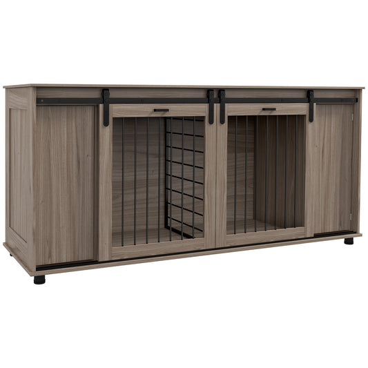 Hollo 71" Dual Crate Console – Walnut Dog Kennel Table with Divider & Storage for 1 or 2 Dogs - JUSTLIVE NESTJUSTLIVE NEST