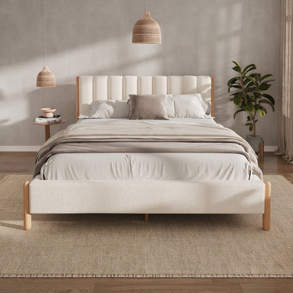 Bouclora Queen Bed – White Boucle Upholstered Frame with Thick Headboard & Solid Legs