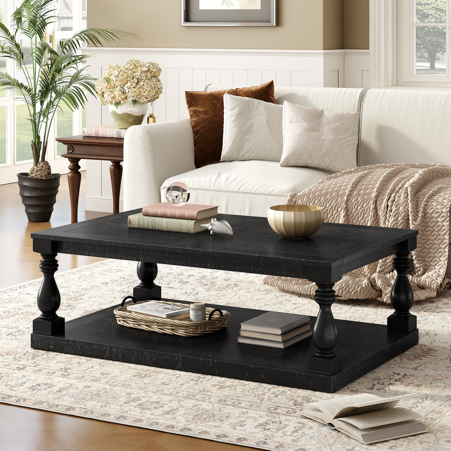 Vaseo Vintage Table – Pine Veneer Coffee Table with Sculpted VaseColumn Legs