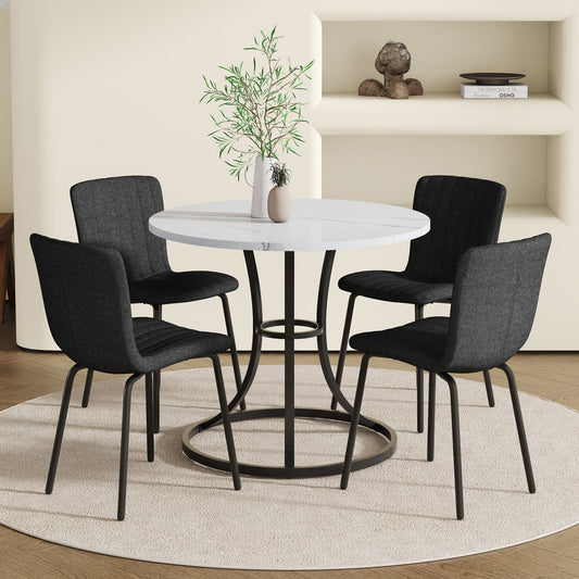 Serino 5‑Piece Dining Set – 33'' Round Table with 4 Black Linen Chairs