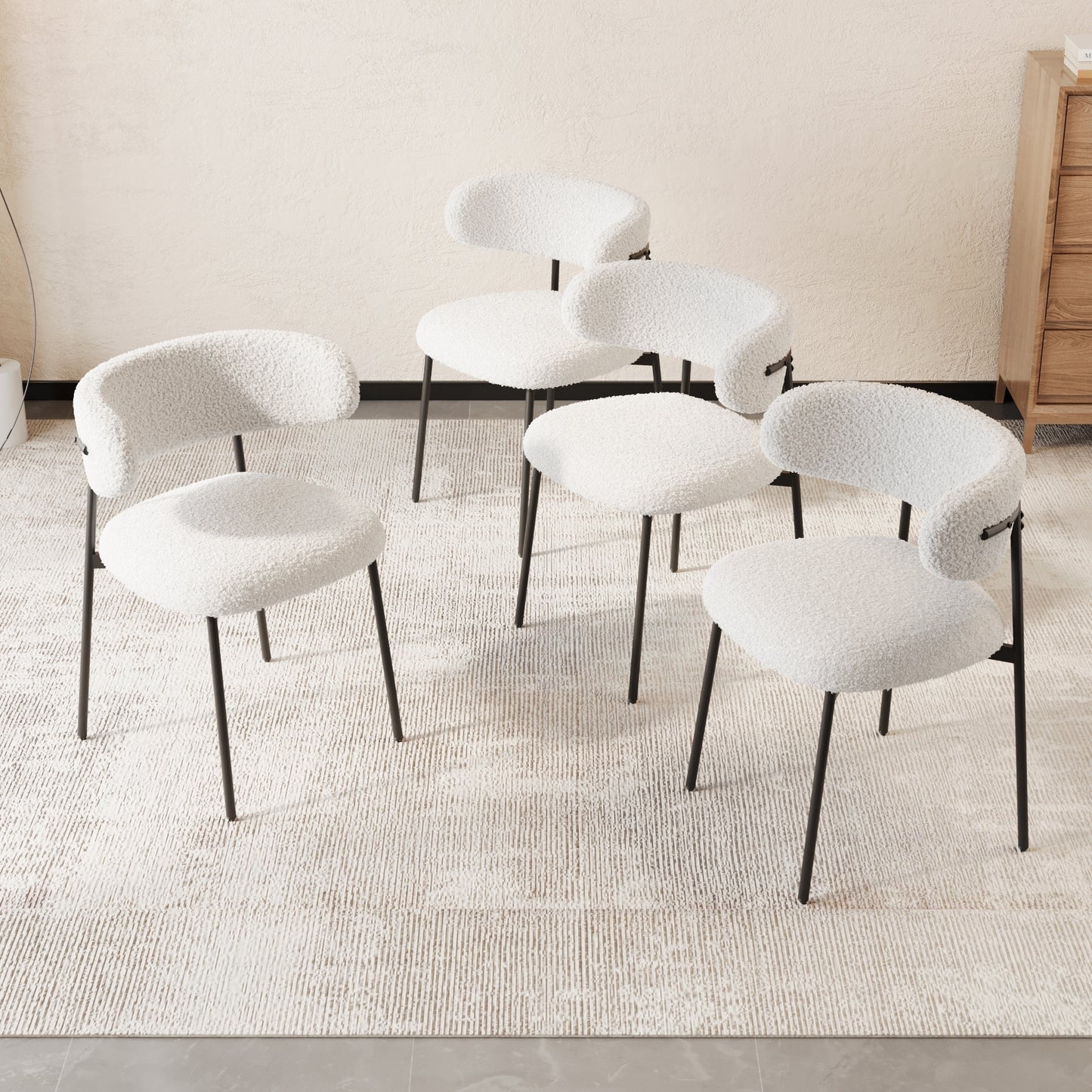 Curvia Dining Chairs – Set of 4 White Teddy Velvet Mid-Century Seats with Metal Legs