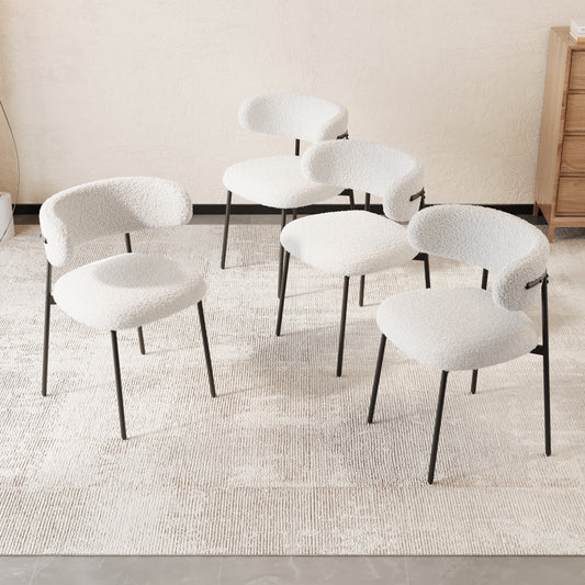 Curvia Dining Chairs – Set of 4 White Teddy Velvet Mid-Century Seats with Metal Legs