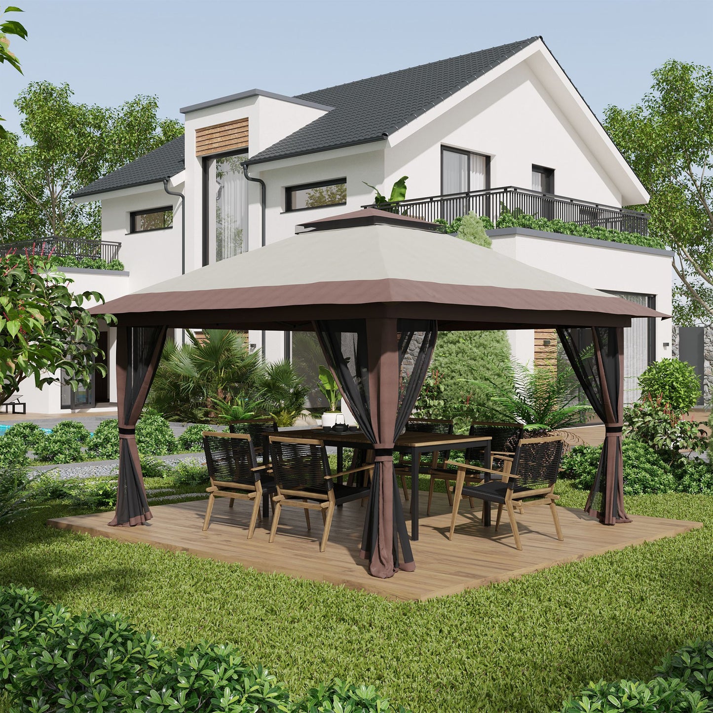 Aurelia 13' Pop - Up Canopy Gazebo – Instant Beige Shelter with Netting, Carry Bag & Sand Weights - JUSTLIVE NESTJUSTLIVE NEST