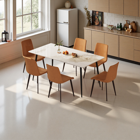 Moderno 70" Dining Set – Sintered Stone Rectangle Table & 6 Upholstered Chairs, Black Steel Base