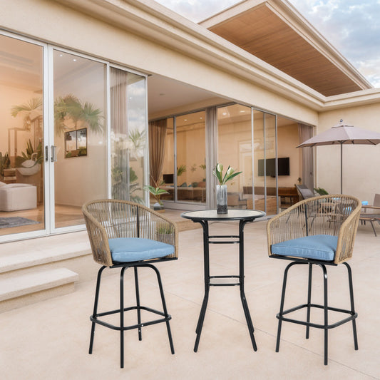 Vetta 3-Piece Swivel Bar Set – Blue Patio Chairs with DPC Wood-Look Round Table