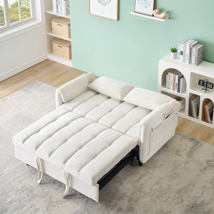 JUSTLIVE ‘Comfina Luxe” Sofa – Beige Velvet | Convertible 3-in-1 Loveseat + Pull-Out Bed + Storage Pockets