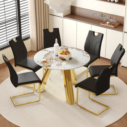 Solene 42" Round Dining Set – Imitation Marble Top with 6 Obsidian PU Chairs, Gold Legs