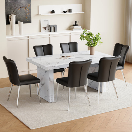 Volara 63" Dining Set – Marblelook MDF Table with 6 Striato-Back Black PU Chairs