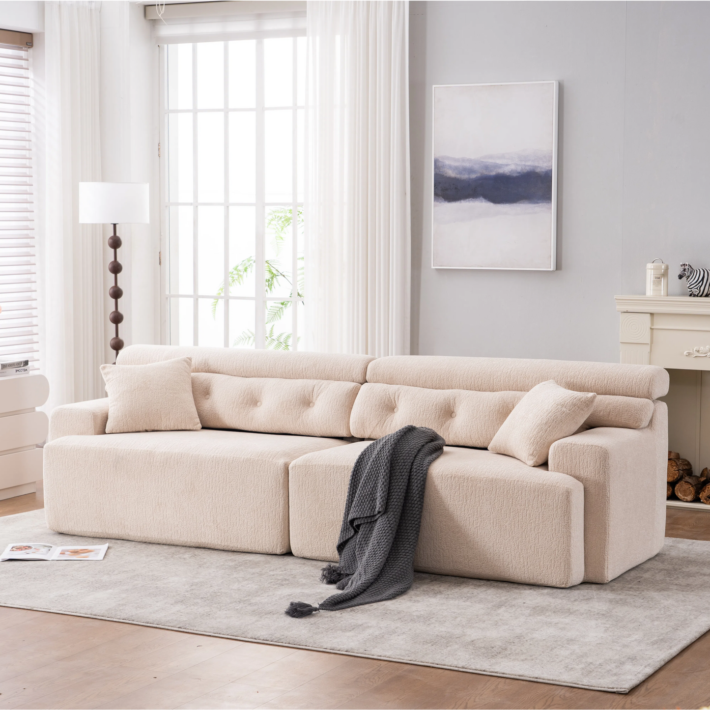 NestEdge ‘CordiNest” 4-Seater Sofa – Apricot Chenille | Compression Comfort + 2 Pillows